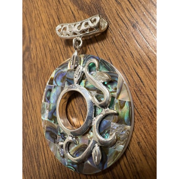 Abalone Removable Ornate Donut Pendant Silver Tone Vintage For Necklace - Picture 3 of 8